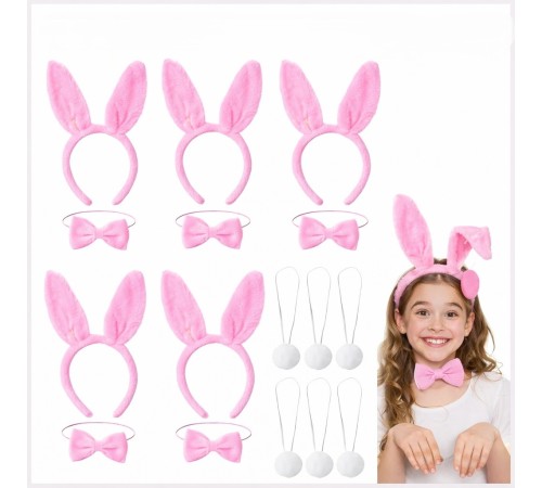 Full Pembe Renk Tavşan Sahne Seti 6'lı Set Taç Papyon Kuyruk