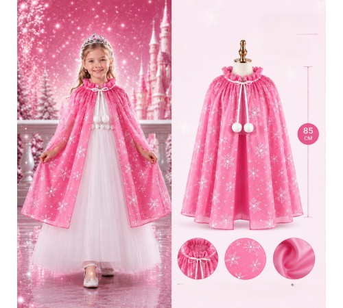 Kar Tanesi Desenli Pembe Elsa Pelerini - Astarlı Frozen Pelerini 85 cm