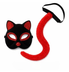 Kırmızı Kedi Maske ve Kuyruk Seti Parti Kostüm Aksesuarı
