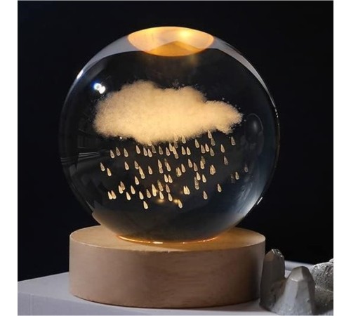 Dekoratif Bulut ve Yağmur Tasarımlı Ahşap Altlıklı Işıklı Cam Küre Cam 6 Cm Ahşap 2 Cm