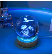 Dekoratif Deniz Anası Tasarımlı Ahşap altlıklı Işıklı Cam Küre Cam 6 Cm Ahşap 2 Cm