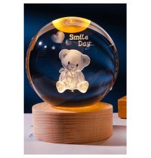 Dekoratif Ayıcık Tasarımlı Ahşap Altlıklı Işıklı Cam Küre Cam 6 Cm Ahşap 2 Cm