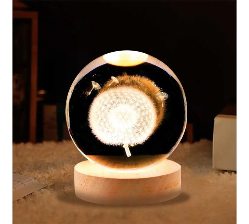 Dekoratif Karahindiba Tasarımlı Ahşap Altlıklı Işıklı Cam Küre Büyük Boy Cam 8 Cm MZ4-2301