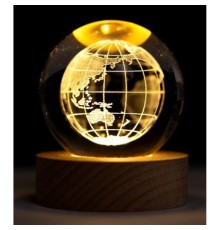 Dekoratif Dünya Tasarımlı Ahşap altlıklı Işıklı Cam Küre Cam 6 Cm Ahşap 2 Cm