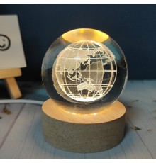 Dekoratif Dünya Tasarımlı Ahşap Altlıklı Işıklı Cam Küre Büyük Boy Cam 8 Cm Ahşap 2 Cm