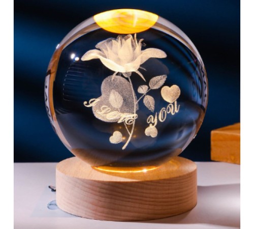 Dekoratif Gül I Love You Tasarımlı Ahşap altlıklı Işıklı Cam Küre Büyük Boy Cam:8cm Ahşap:2cm