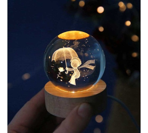 Dekoratif Küçük Prens Tasarımlı Ahşap Altlıklı Işıklı Cam Küre Cam:6cm Ahşap:2cm