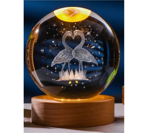 Dekoratif Flamingo Tasarımlı Ahşap Altlıklı Işıklı Cam Küre Büyük Boy Cam 8 Cm