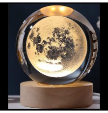 Dekoratif Dolunay Tasarımlı Ahşap altlıklı Işıklı Cam Küre Büyük Boy 8 Cm MZ4-2323