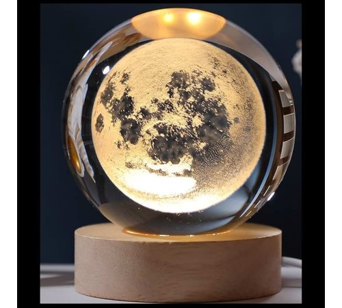 Dekoratif Dolunay Tasarımlı Ahşap altlıklı Işıklı Cam Küre Büyük Boy 8 Cm MZ4-2323