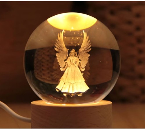 Dekoratif Kanatlı Melek Tasarımlı Ahşap Altlıklı Işıklı Cam Küre Cam 6 Cm