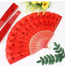 12 li Kırmızı Plastik Pullu Kumaş Yelpaze