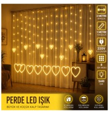 3 Metre 8 Modlu Kalp Perde LED Işık - Sarı (Sıcak Beyaz) Işık Dekoratif Işıklandırma Oda Dekoru