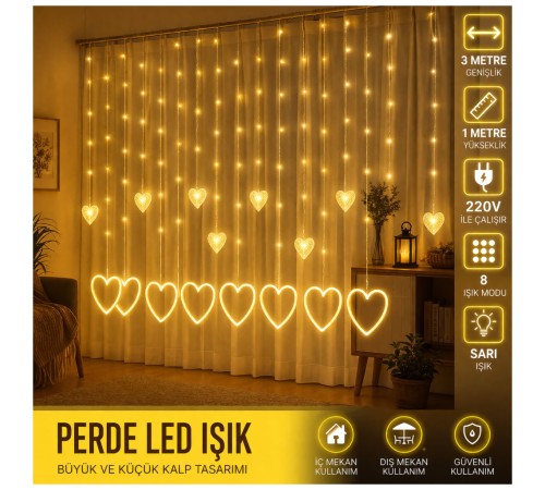 3 Metre 8 Modlu Kalp Perde LED Işık - Sarı (Sıcak Beyaz) Işık Dekoratif Işıklandırma Oda Dekoru