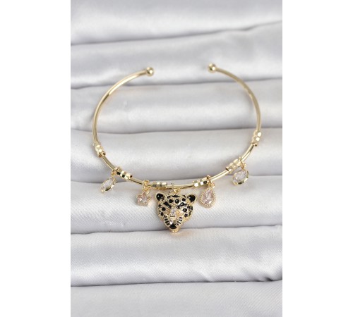 Pirinç Gold Renk Leopar Detaylı Charmlı Kadın Bileklik TJ-BB8490