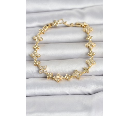 Pirinç Zirkon Taşlı Yonca Model Gold Renk Kadın Bileklik TJ-BB8494