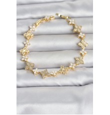 Pirinç Zirkon Taşlı ve Mineli Yonca Model Gold Renk Kadın Bileklik TJ-BB8497
