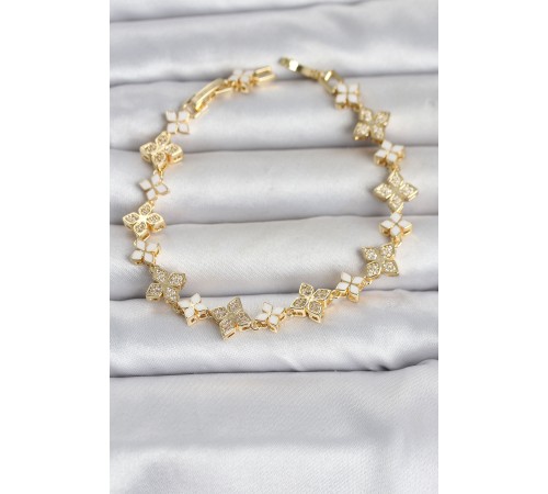 Pirinç Zirkon Taşlı ve Mineli Yonca Model Gold Renk Kadın Bileklik TJ-BB8497