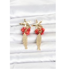 Deniz Yıldızı ve Balık Detaylı Kırmızı Taşlı Gold Renk Kadın Küpe TJ-BKP11795