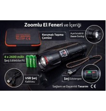 6000 Lümen 60W Şarjlı El Feneri - 2 KM Menzilli 10400 mAh Powerbank 4 Pilli Metal Fener RT-T709
