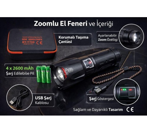 6000 Lümen 60W Şarjlı El Feneri - 2 KM Menzilli 10400 mAh Powerbank 4 Pilli Metal Fener RT-T709
