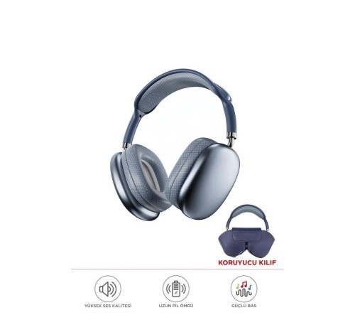 Bluetooth Kulaklık Kulak Üstü Sd Kart Girişli Kablosuz Aux Kablolu Kulaklık P9 Pro Max Mavi