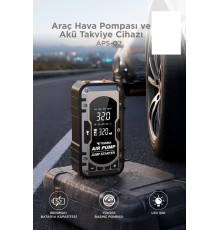 Araç Hava Kompresörü Akü Takviyeli Powerbank Dijital Ekranlı Işıklı Taşınabilir Kompresör APS02