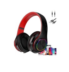 Bluetooth Kulaklık Rgb Işıklı Kulak Üstü Kablolu Kablosuz Kulaklık B39S Kırmızı Siyah