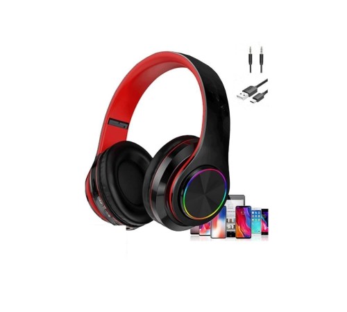 Bluetooth Kulaklık Rgb Işıklı Kulak Üstü Kablolu Kablosuz Kulaklık B39S Kırmızı Siyah