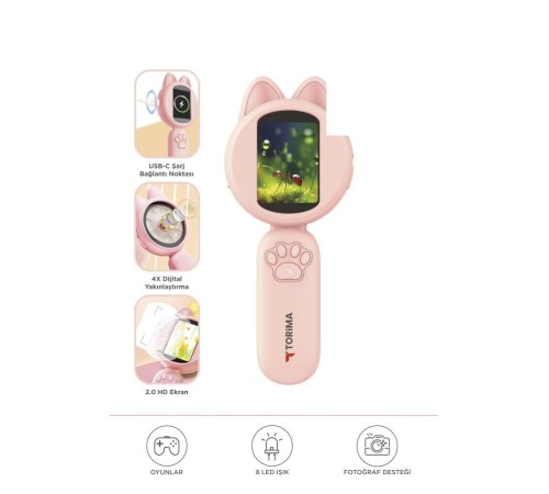 Mini Dijital Mikroskop Led Işıklı HD IPS Ekranlı Eğitici Oyuncak TSM02 Pembe