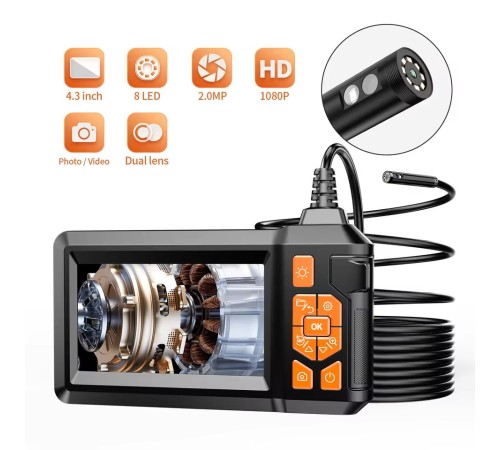 10 Mt Ekranlı 2 Kameralı Endoskop Yılan Kamera Hafıza Girişli Sert Kablo Işıklı 8 MM