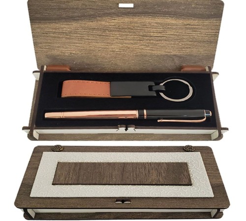 Ahşap Kutulu Set Bakır Roller Kalem ve Anahtarlık