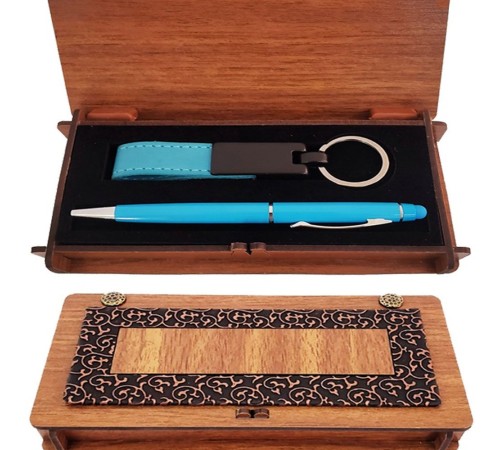 Ahşap Kutulu Kalem ve Anahtarlık Mavi Set