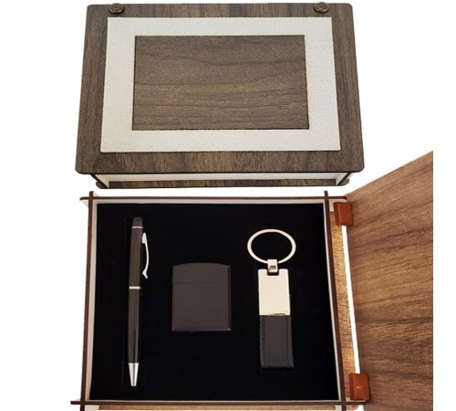 Özel Ahşap Kutulu Siyah Anahtarlık Kalem ve Çakmak Set