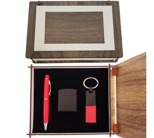Özel Ahşap Kutulu Kırmızı Kalem Anahtarlık ve Çakmak Set