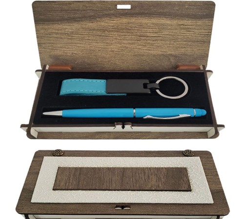 Mavi Kalem ve Anahtarlık Ahşap Kutulu Set