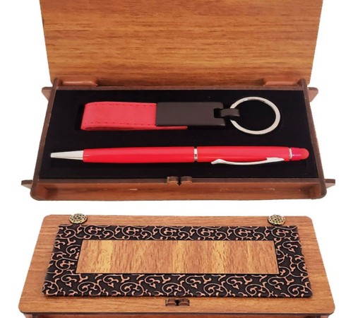 Ahşap Kutulu Kırmızı Kalem ve Anahtarlık Set