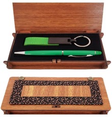 Ahşap Kutulu Yeşil Kalem ve Anahtarlık