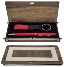 Ahşap Kutulu Kırmızı Anahtarlık ve Kalem Set