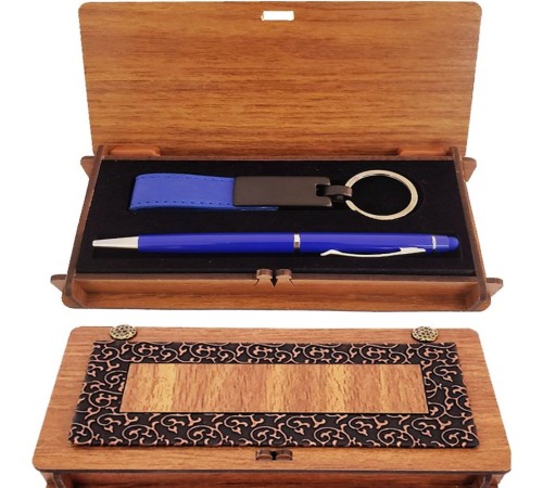 Ahşap Kutulu Koyu Mavi Kalem ve Anahtarlık Set