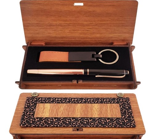 Ahşap Kutulu Bakır Roller Kalem ve Taba Anahtarlık Set