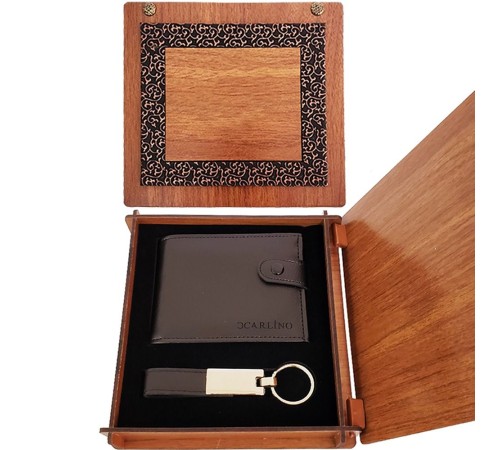 Deri Ahşap Kutulu Cüzdan ve Anahtarlık Set