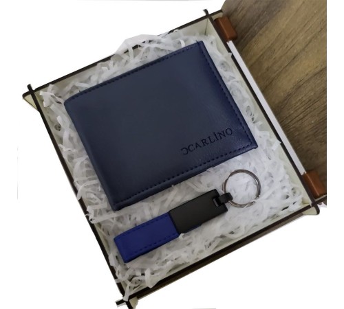 Deri Mavi Anahtarlık ve Cüzdan Set