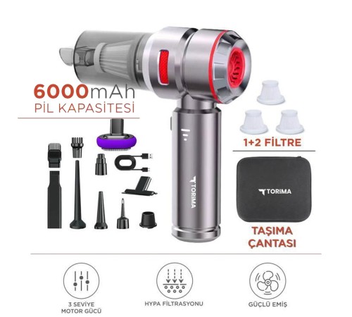 Üflemeli Şarjlı Araç Mini EL Süpürgesi 16.000PA Emiş Güçlü 4İN1 Araba Süpürgesi Kırmızı HL121