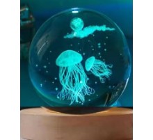 Dekoratif Deniz Anası Tasarımlı Ahşap altlıklı Işıklı Cam Küre Cam:6cm Ahşap:2cm