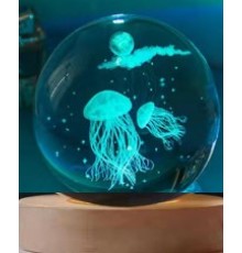 Dekoratif Deniz Anası Tasarımlı Ahşap altlıklı Işıklı Cam Küre Cam:6cm Ahşap:2cm