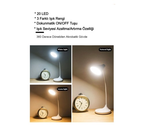 PS-1918 Şarjlı Dokunmatik 20 Led 3 Kademeli Ayarlanabilir Renk Tonu Ve Parlaklık Masa Lambası
