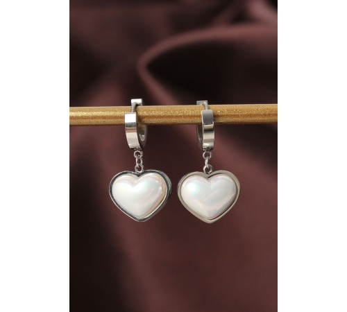 316L Çelik Gümüş Renk Beyaz Bombeli Kalp Küpe - TJ-BKP6316