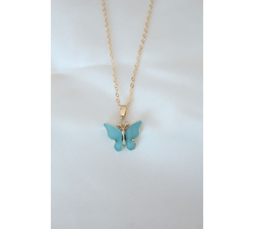 Gold Kaplama Turkuaz Renk Sedefli Kelebek Kolye - TJ-BKO6437