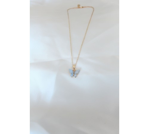 Gold Renk Kaplama Buz Mavisi Renk Sedefli Kelebek Kolye - TJ-BKO6438